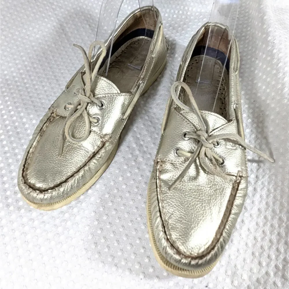 SPERRY TOPSIDER! GOLD GENUINE LEATHER BOAT SHOES NON-MARKING WHITE SOLE! SZ 9.5M